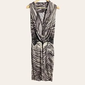 Halston Heritage Gray White Abstract Striped Draped Front Sleeveless Dress Sz 4